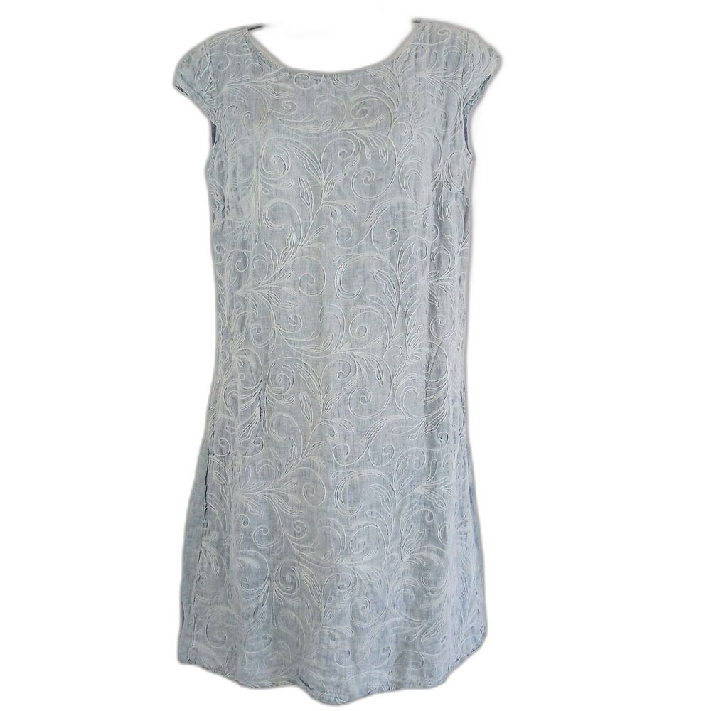 lina tomei linen dress Blue Embroidery  Made In Italy Sz S Modest Casual Beach
